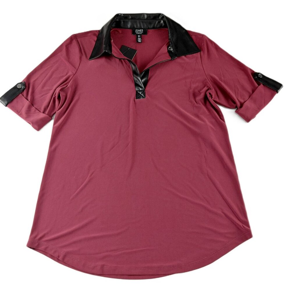 Jones New York Faux Leather Collar Short Sleeve Shirt Women's S Bordeaux Red